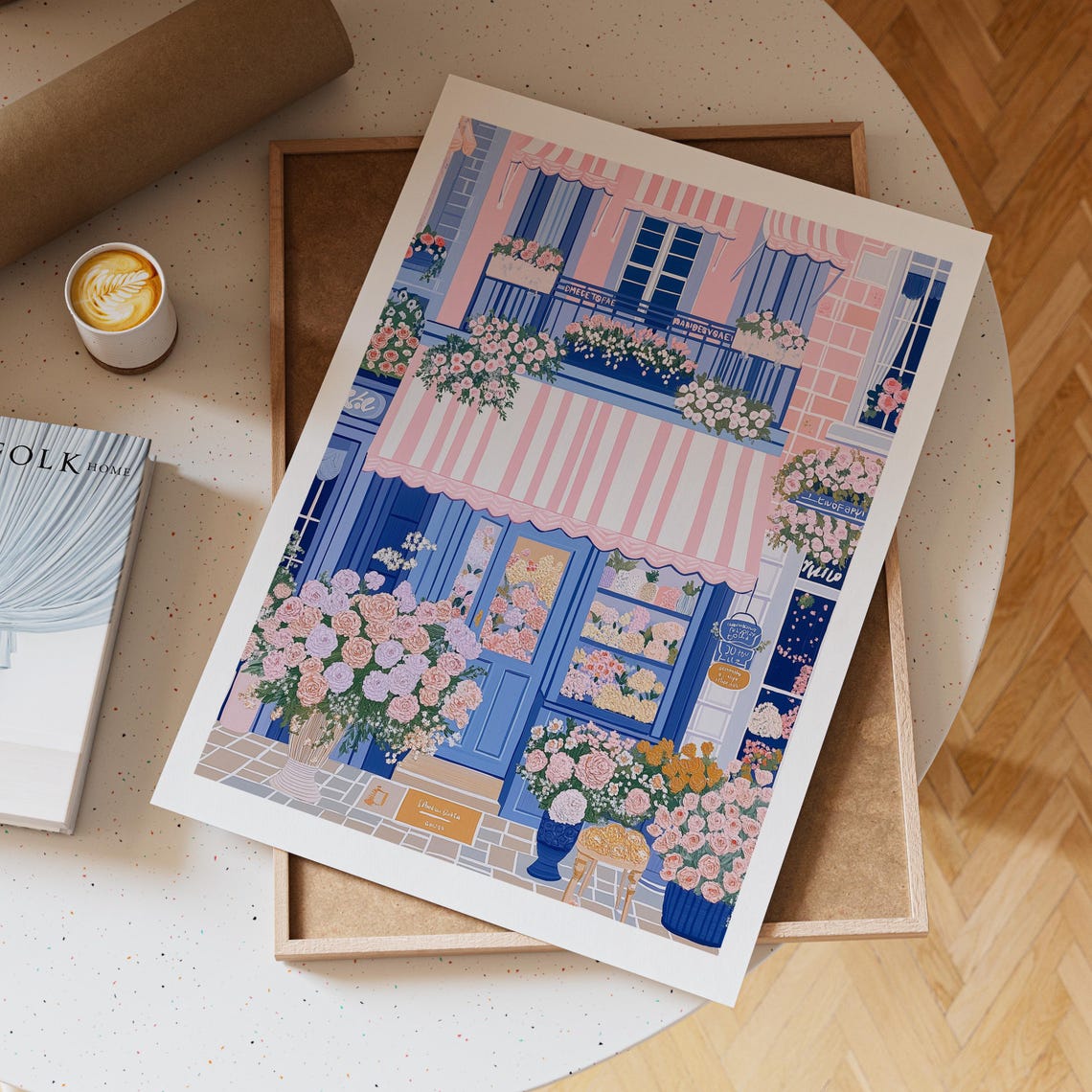 Parisian Blue Flower Shop With Pink Awning Overflowing Roses Print - Image 3
