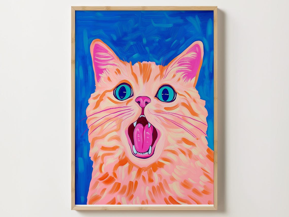 Goofy Orange Cat With Tongue Out On A Cobalt Blue Art Poster