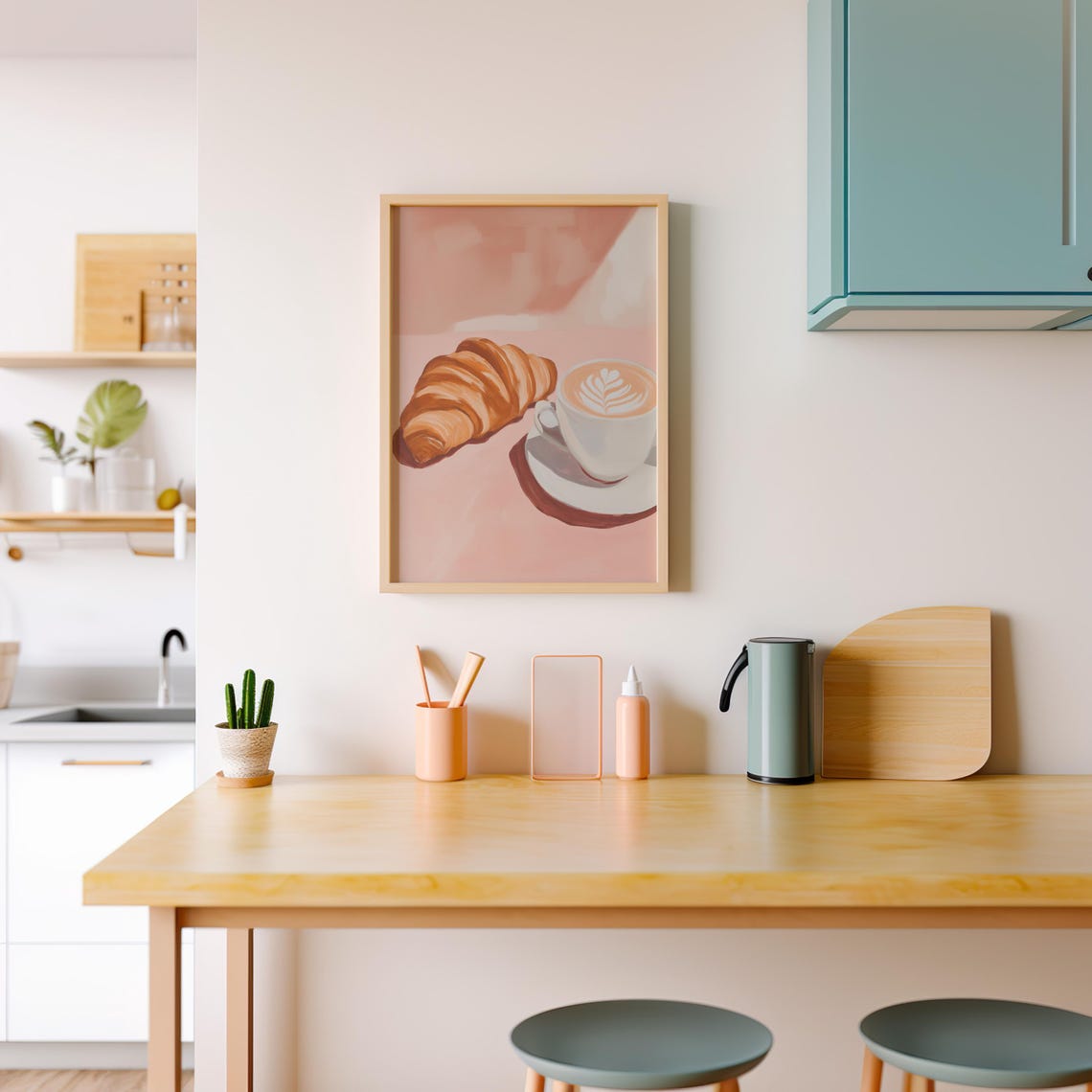Buttery Croissant And Latte Art Coffee On A Soft Pink Cafe Wall Poster - Image 4