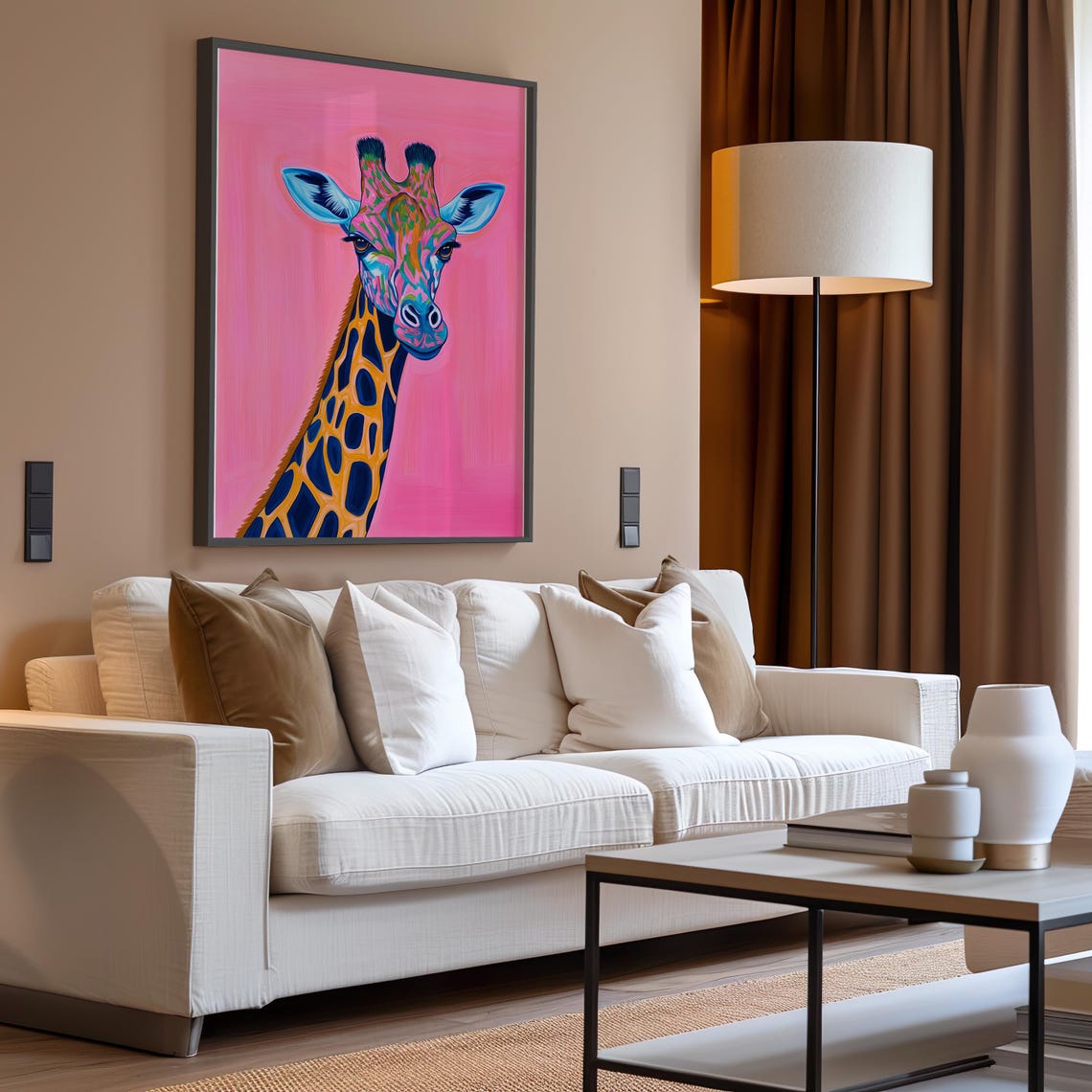 Neon Pop Art Giraffe Portrait On A Bright Pink Background Poster - Image 2