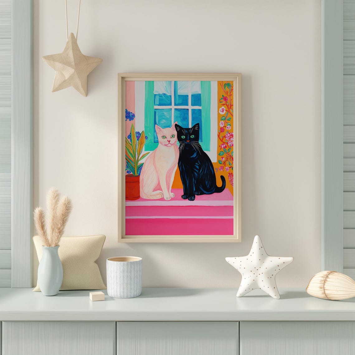 Black and White Cat Pair by a Pink Windowsill Painting Poster - Image 5