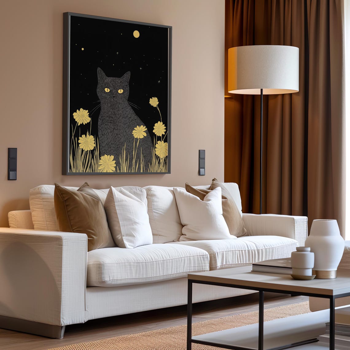 Black Cat Among Yellow Flowers Under A Moonlit Starry Night Poster - Image 5