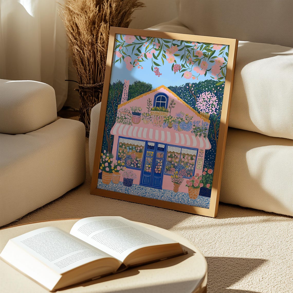 Pink Flower Cottage With Striped Awning Under Cherry Blossoms Print - Image 4