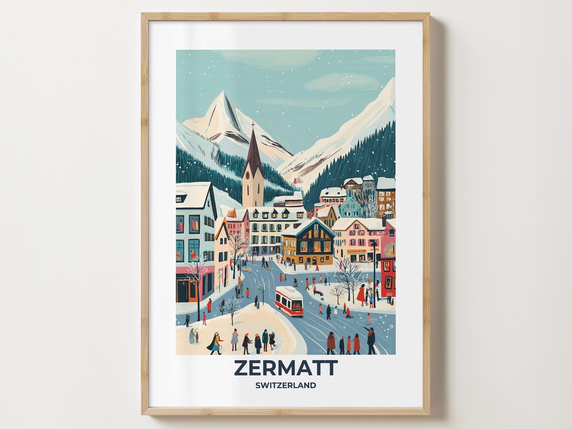 Zermatt Snowy Ski Village with Alpine Peak Switzerland Poster