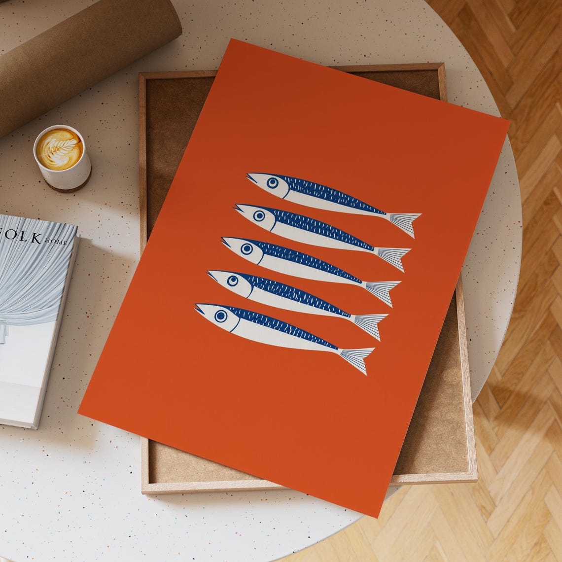 Five Blue And White Sardines In A Row On Orange Background Poster - Image 6