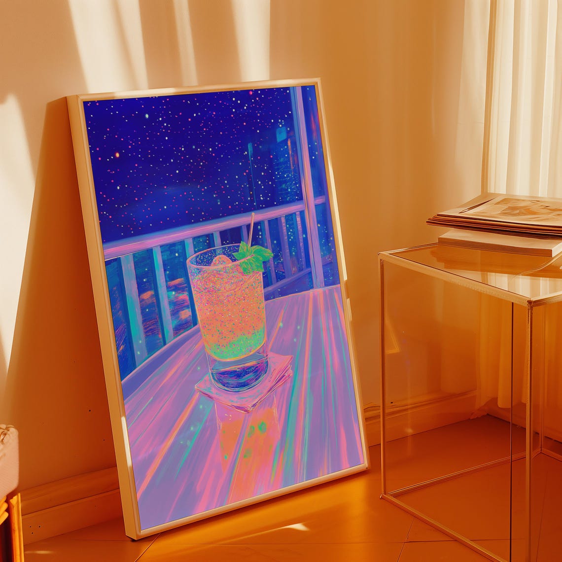 Neon Night Cocktail Glass With Mint on a Balcony Table Poster - Image 5