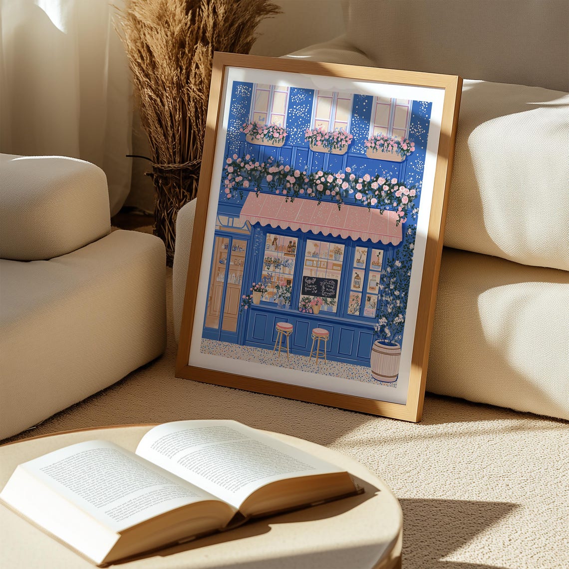 Blue Cafe Storefront With Pink Awning Bar Stools And Roses Poster - Image 2