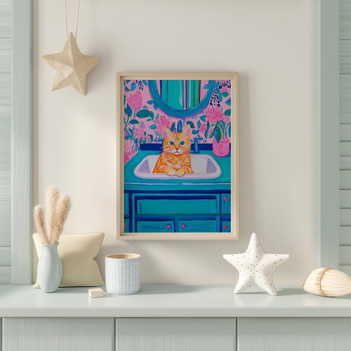 Cheerful Orange Tabby Cat Sitting in a Teal Bathroom Sink Poster - Image 4