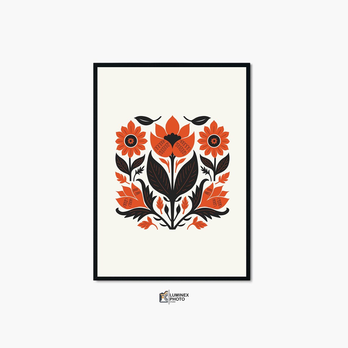 Scandinavian Folk Floral Burnt Orange Black Botanical Art Print