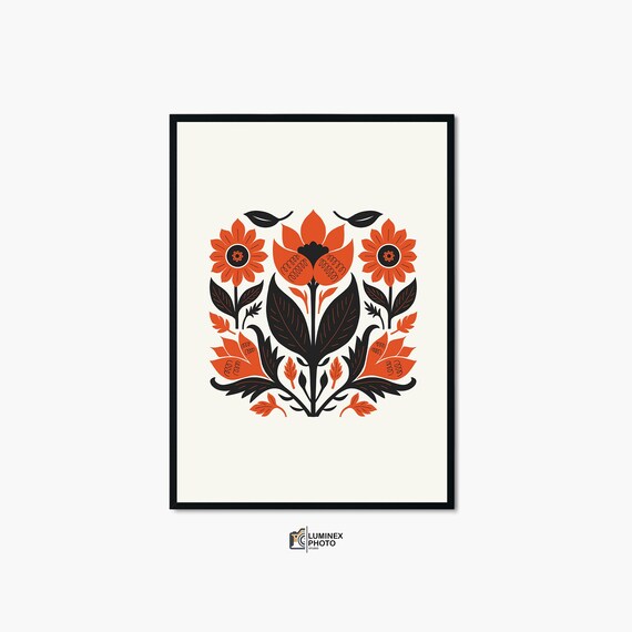 Scandinavian Folk Floral Burnt Orange Black Botanical Art Print