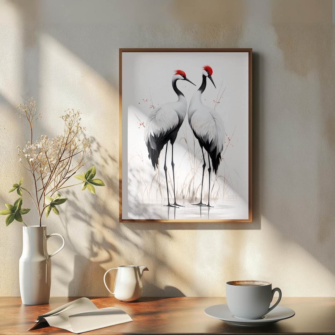 Japanese Red-Crowned Crane Pair Watercolor Art Print - Image 4