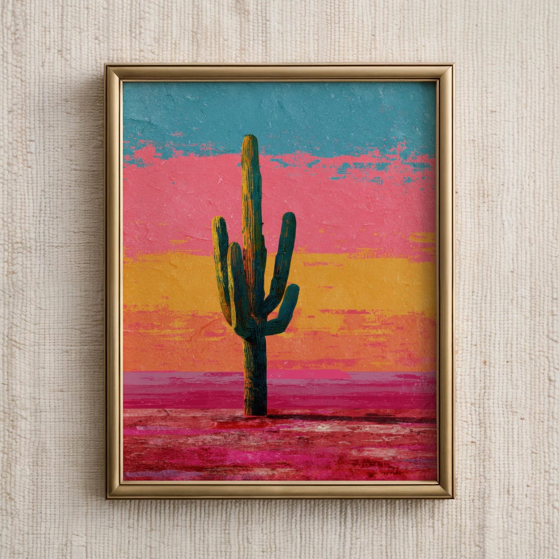 Lone Saguaro Cactus Pink Sunset Teal Sky Desert Landscape Art Poster