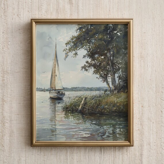 Sailboat Gliding on Calm Lake Vintage Watercolor Art Gift Poster