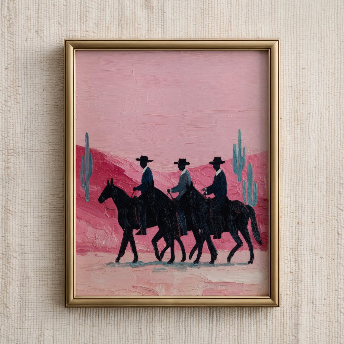 Three Cowboys Horseback Pink Desert Sunset Western Art Poster