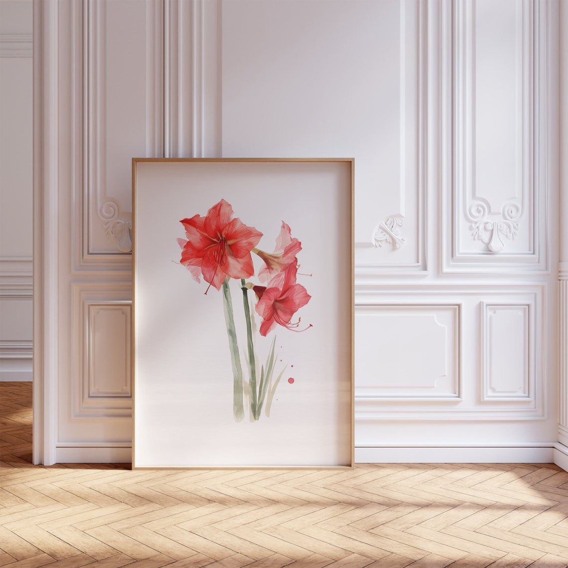 Red Amaryllis Watercolor Floral Botanical Minimalist Art Print - Image 2