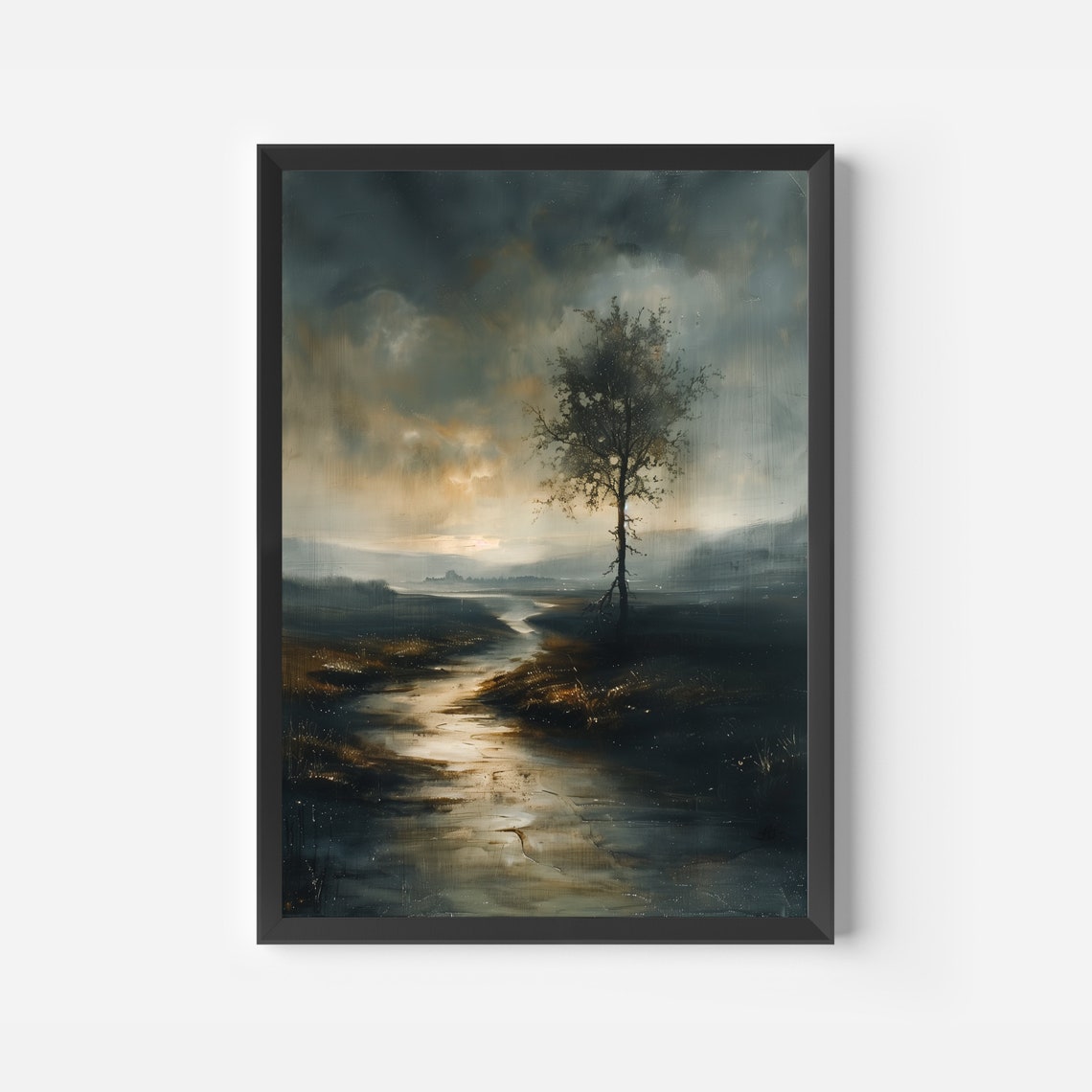Moody Dark Marsh Oil Painting Lone Tree Stormy River Landscape Poster - Image 2