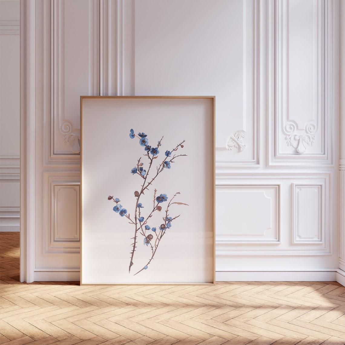 Blue Rosehip Branch Watercolor Delicate Botanical Art Poster - Image 2