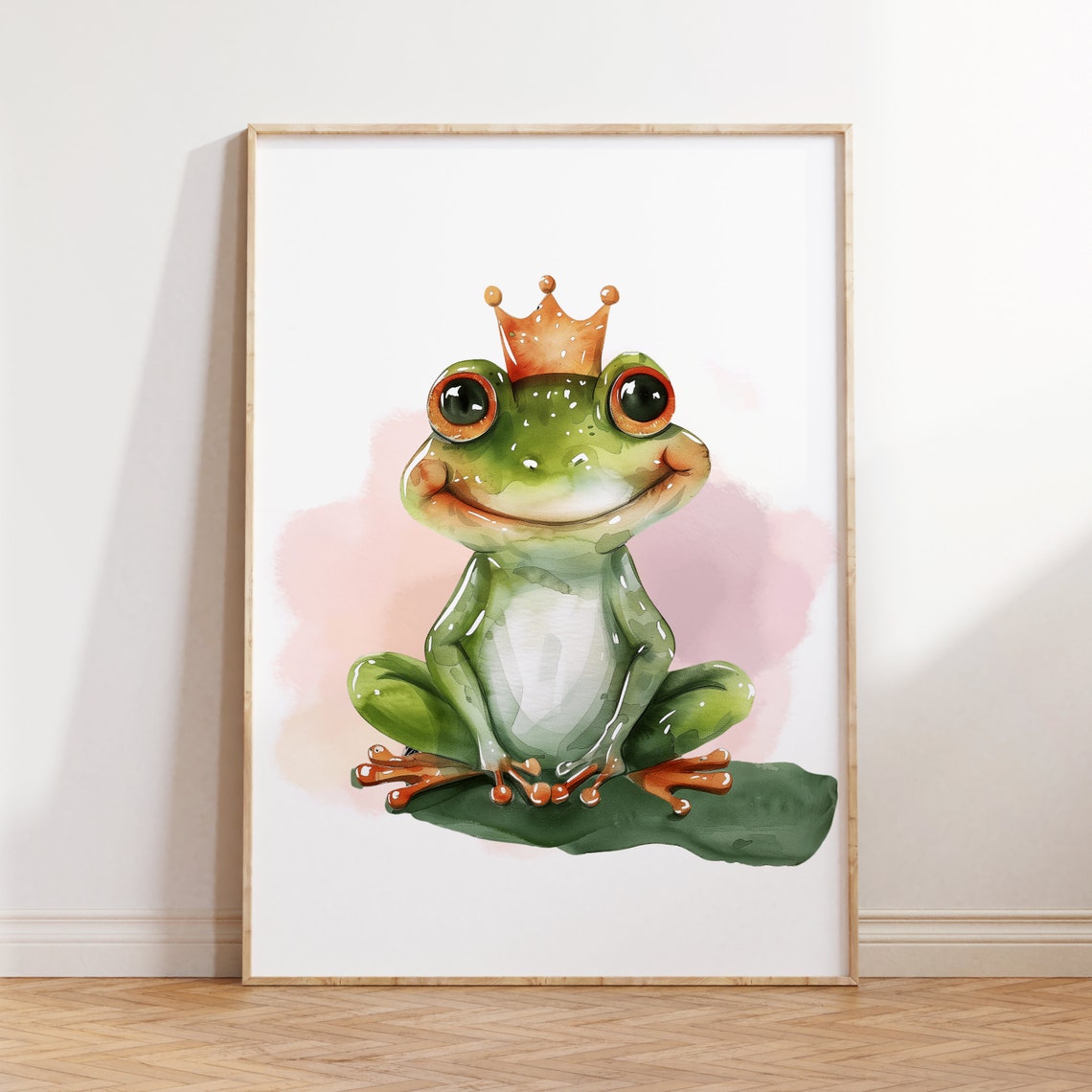Frog Prince Crown Pastel Watercolor Cute Nursery Kids Room Print