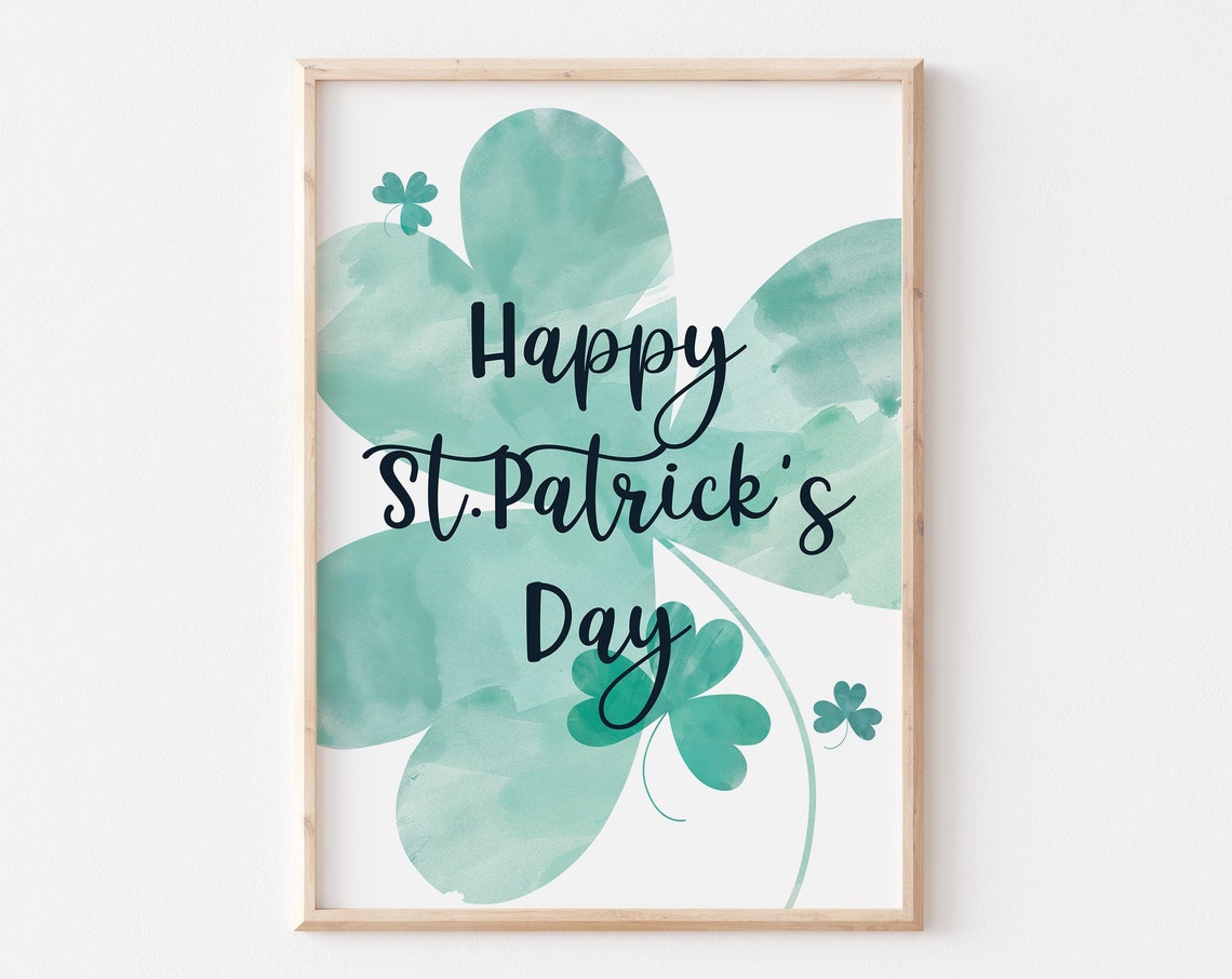 Happy St Patrick's Day Dark Script Watercolor Clover Holiday Wall Art