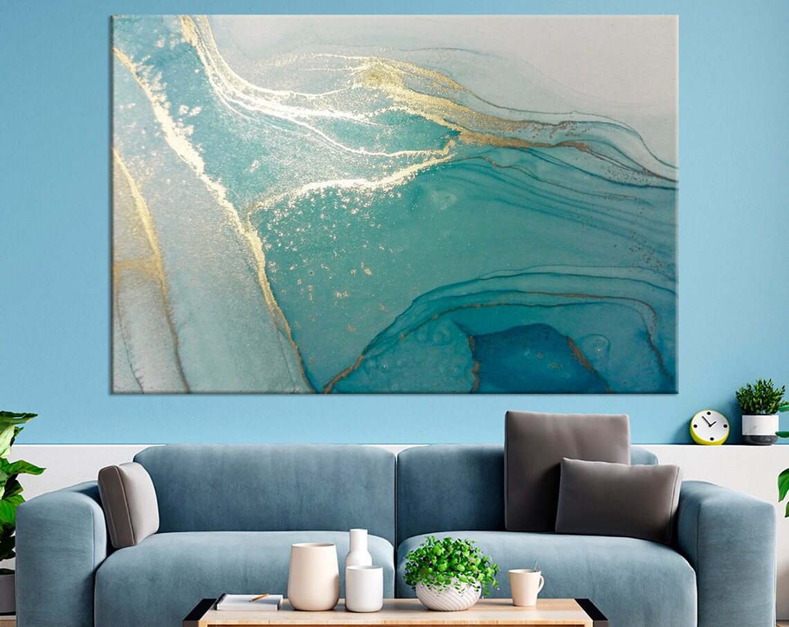 Turquoise Marble Gold Accents Abstract Fluid Art Luxury Wall Poster