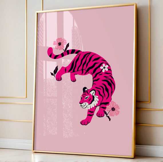 Pink Tiger Preppy Room Decor Animal Print Wall Art College Dorm Poster Maximalist