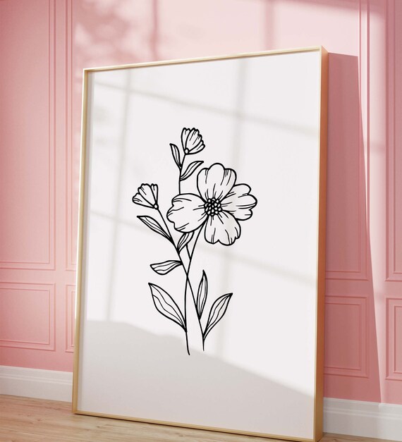 Minimalist Black Line Art Flower Poster with Botanical Stem Design