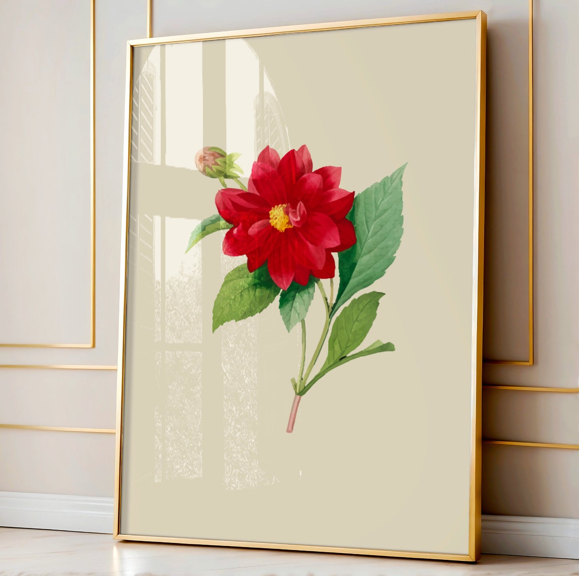Red Dahlia Flower Vintage Botanical Illustration Cream Floral Poster