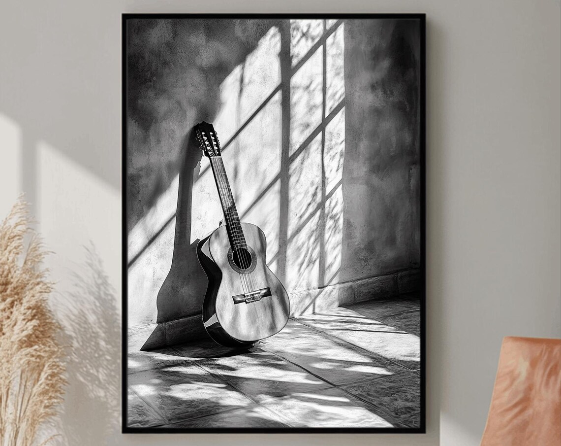 Acoustic Guitar Sunlit Window Shadow Black White Music Poster