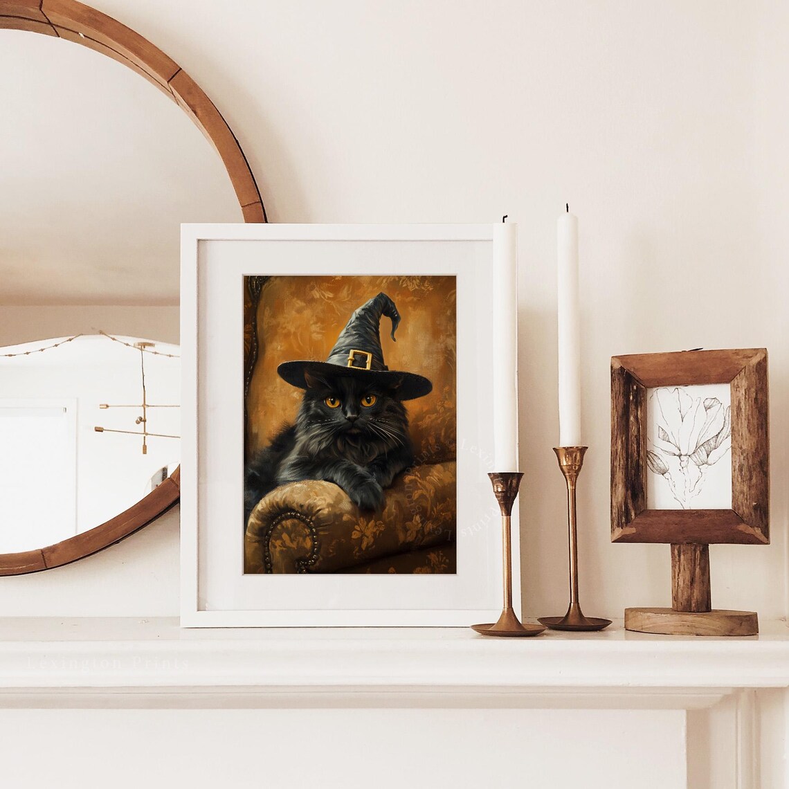 Black Cat Wearing Witch Hat on Velvet Chair Halloween Vintage Wall Art - Image 3
