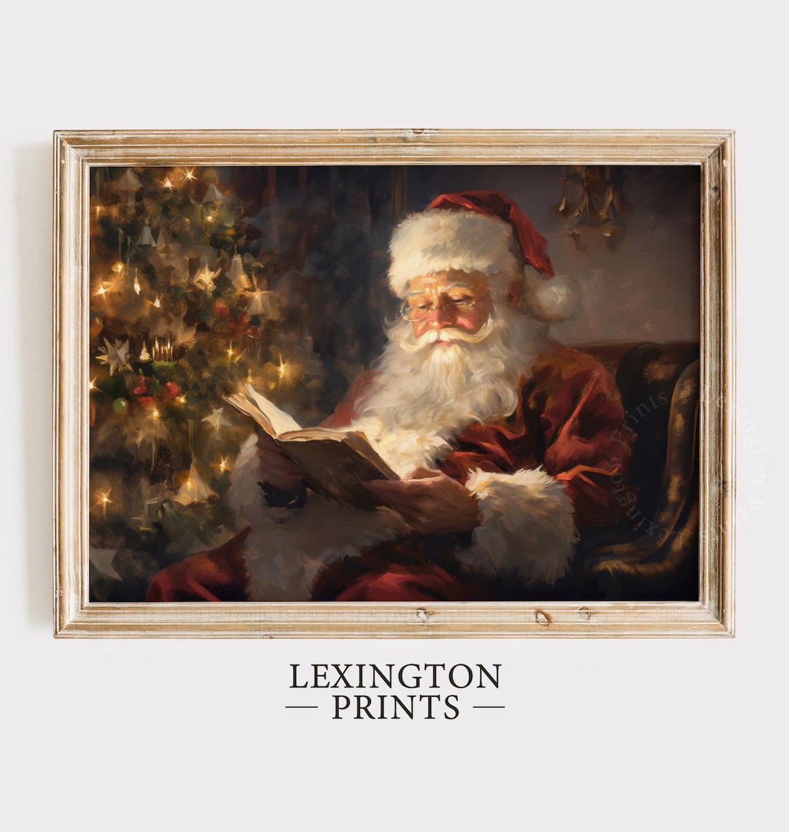 Santa Claus Reading Book by Lit Christmas Tree Cozy Holiday Poster