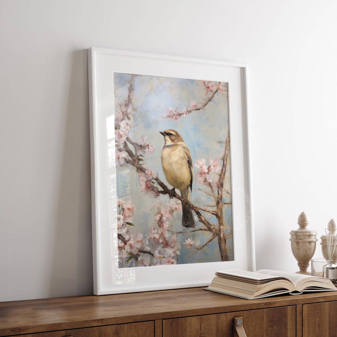 Songbird on Cherry Blossom Branch Spring Pink Floral Bird Art Poster - Image 3