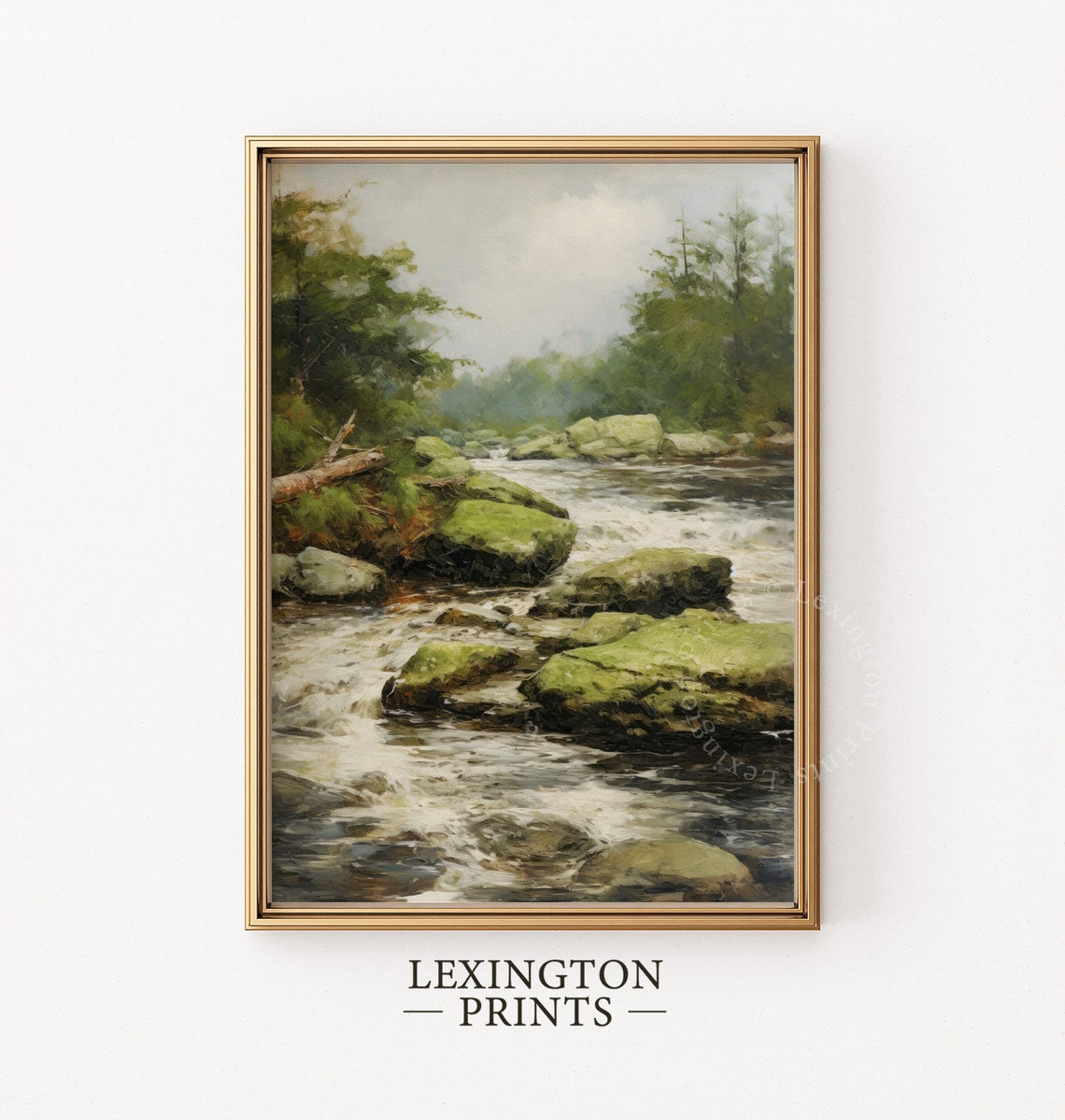 Rustic Forest Stream Mossy Rocks Vintage Oil Painting Landscape Print - Image 5