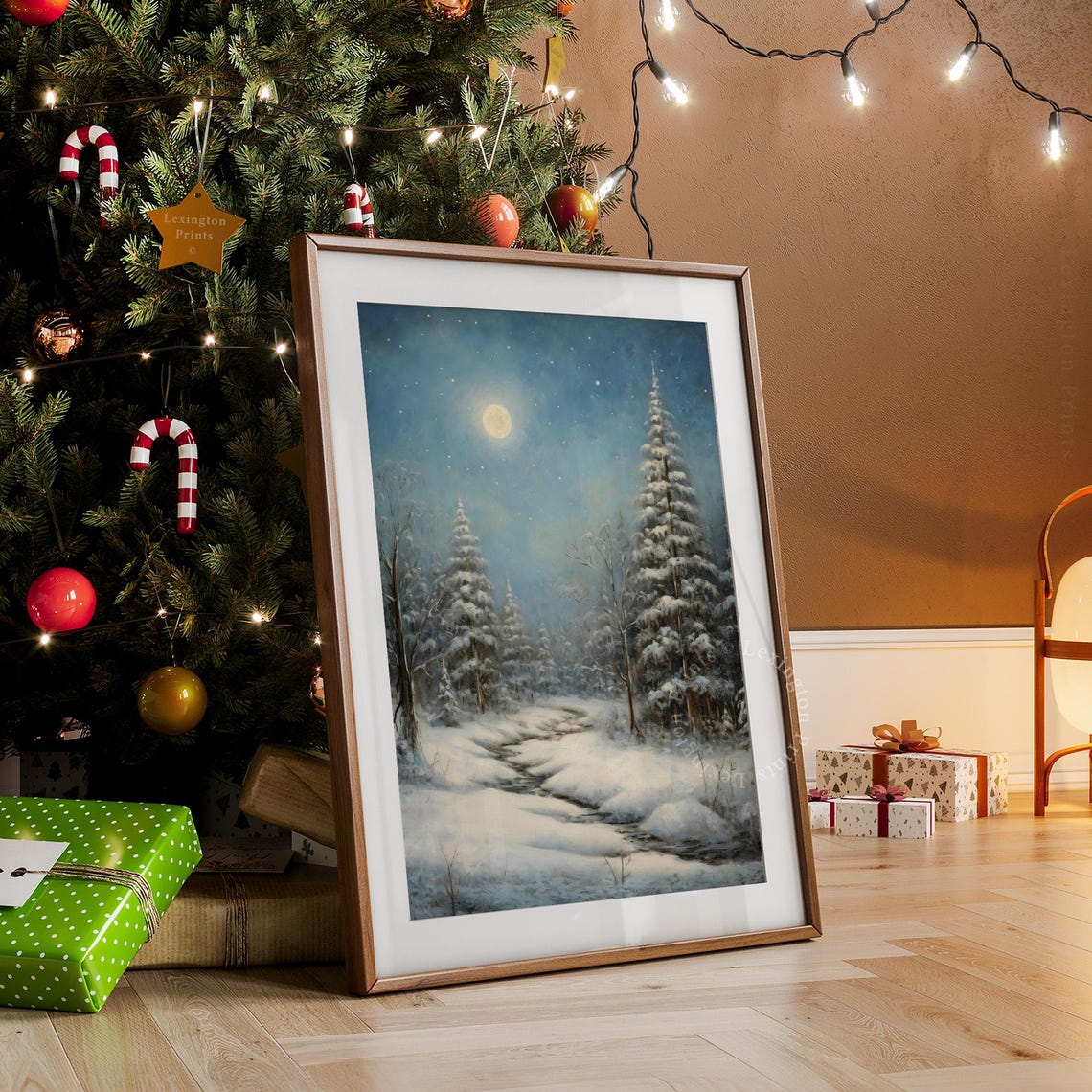 Vintage Christmas Landscape Painting Christmas Wall Art Christmas Print Forest Wall Art Winter Print Oil Painting Art Twilight Art Moon 315
