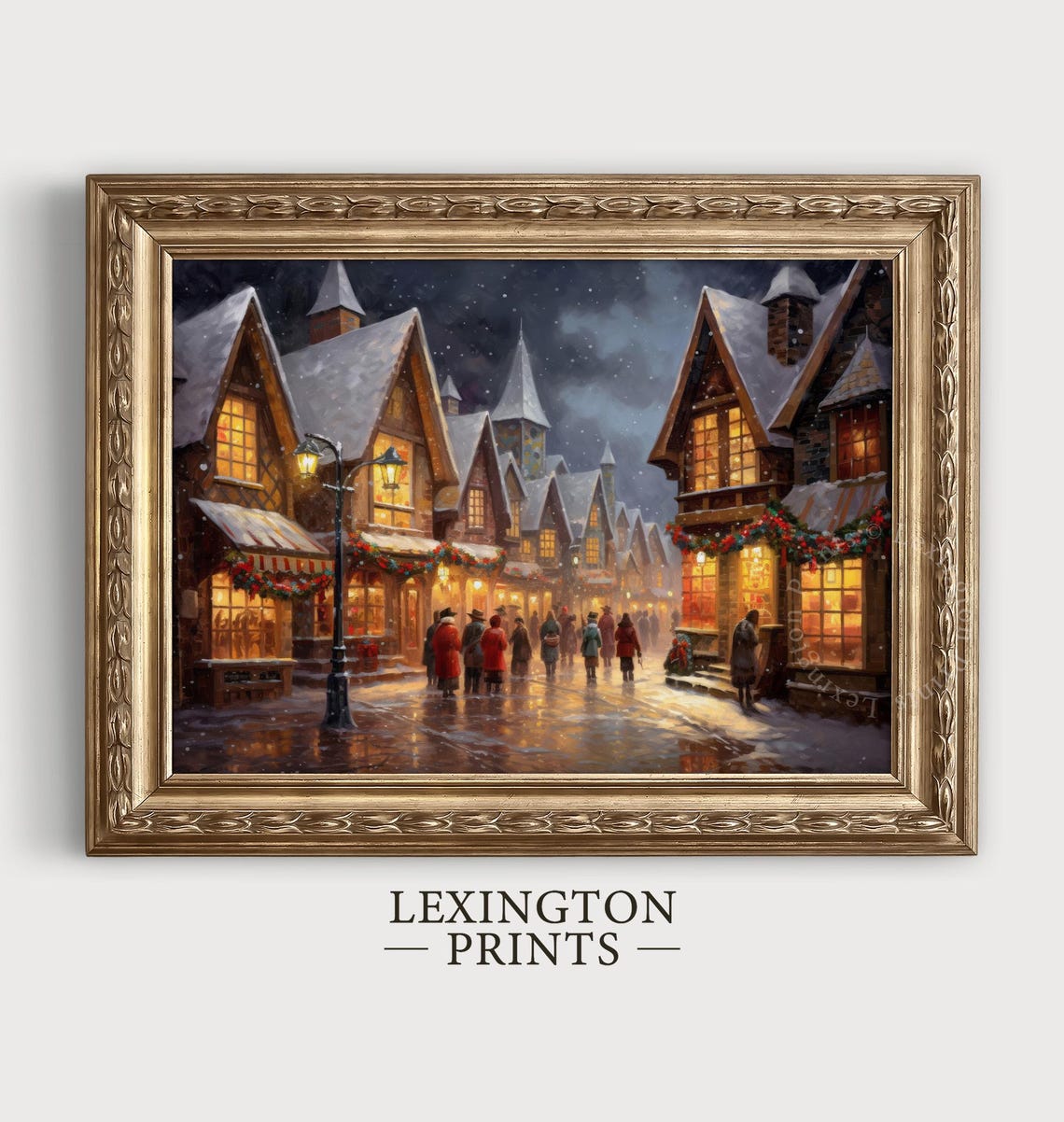Snowy Christmas Village Street at Night Glowing Windows Art Print - Image 4