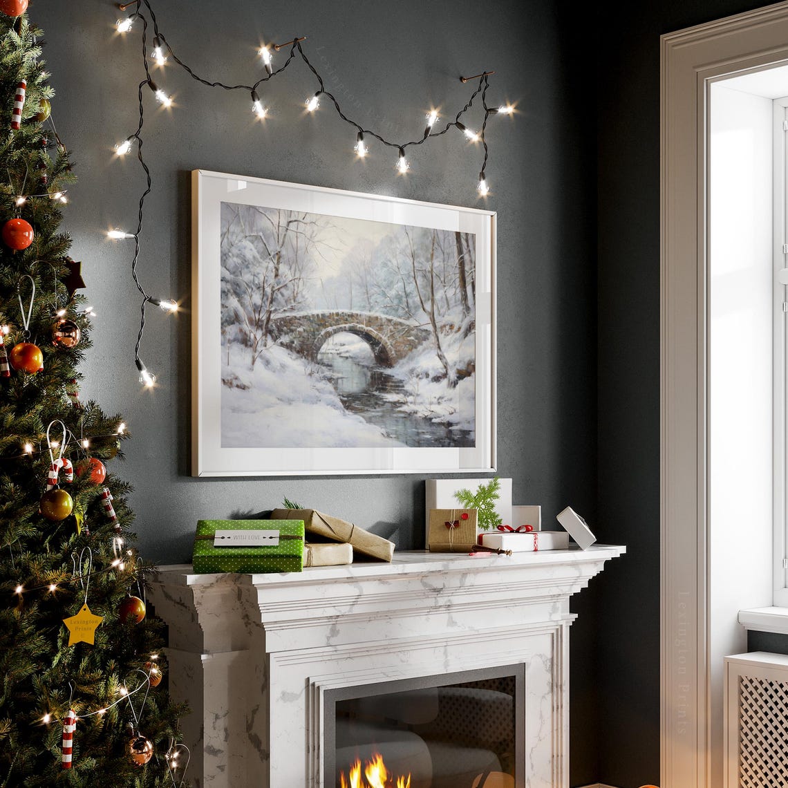Snowy Stone Bridge Winter Landscape Painting Vintage Wall Art - Image 3