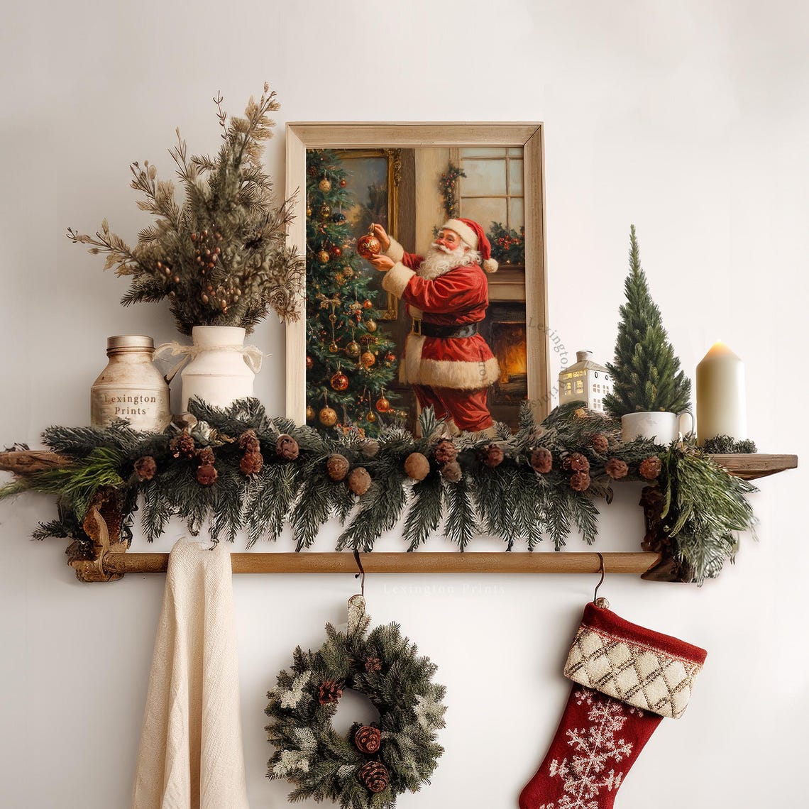 Santa Claus Decorating Christmas Tree Vintage Holiday Scene Poster - Image 5