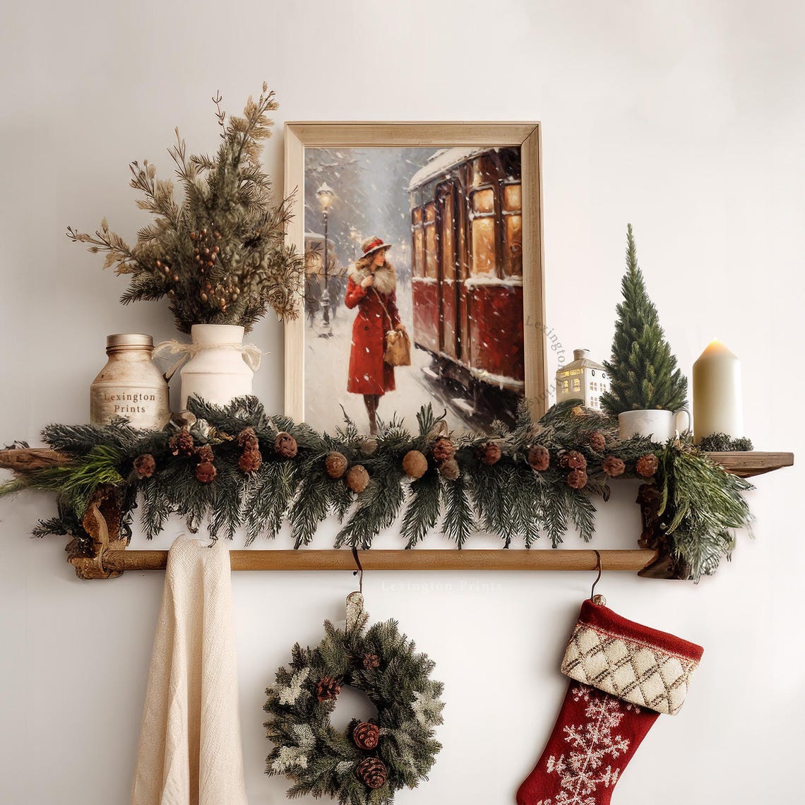 Vintage Christmas Wall Art Woman Christmas Oil Painting Christmas Decor Vintage 1950s Winter Print City Train Art Holiday Art Winter Art 309 - Image 6