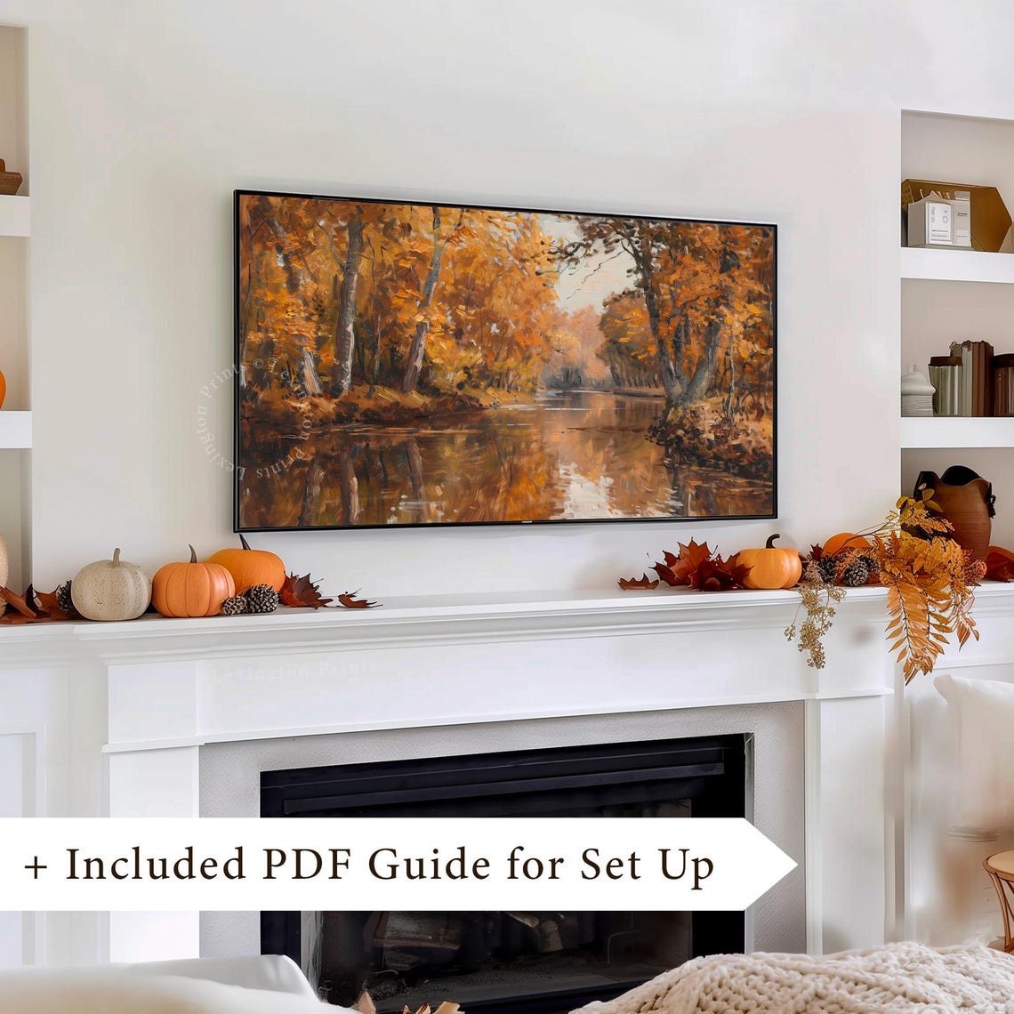 Golden Fall River Landscape with Autumn Trees Frame TV Art Print - Image 8