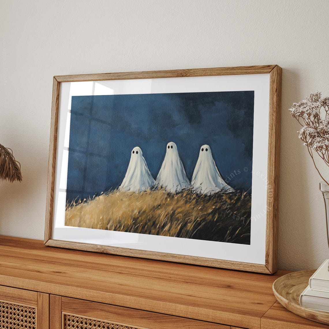 Three Little Ghosts on Grassy Hill Under Dark Blue Night Sky Poster - Image 8