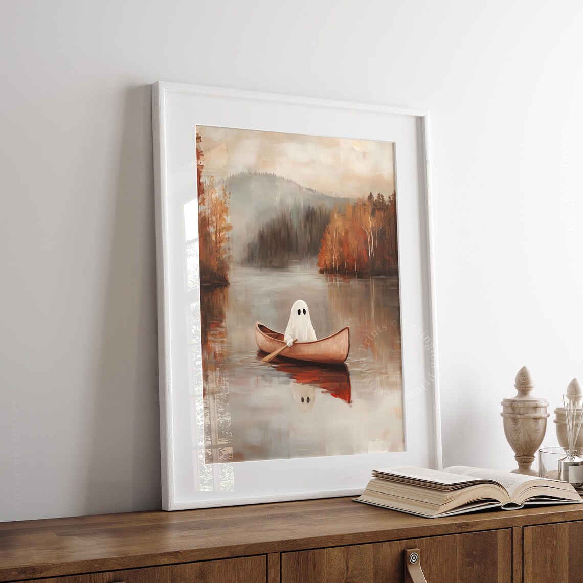 Cute Ghost Paddling Canoe Autumn Lake Oil Painting Halloween Fall Poster - Image 7