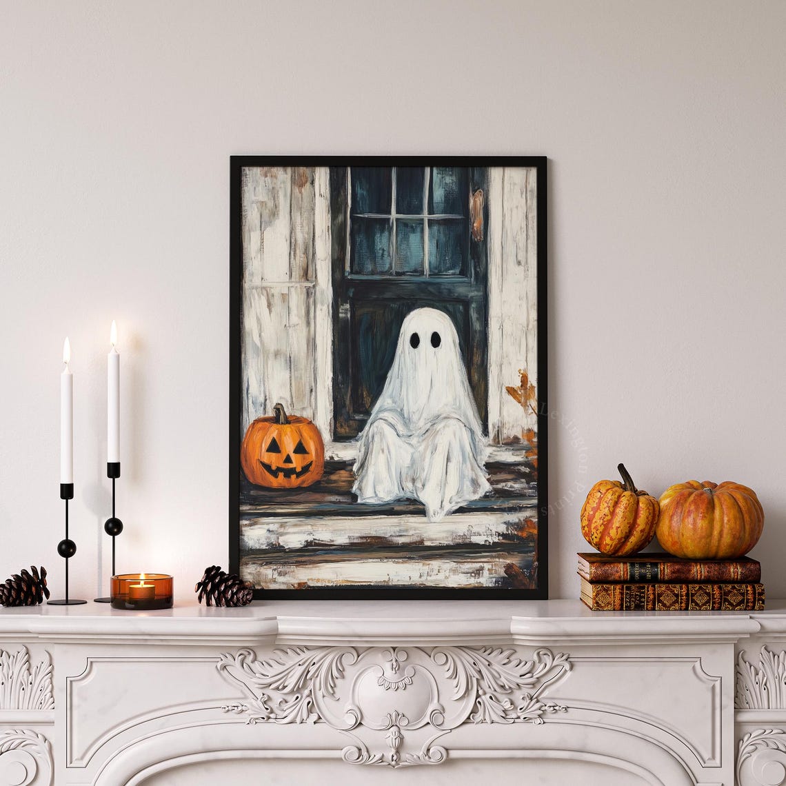 Ghost Sitting on Porch Steps with Jack-o-Lantern Halloween Poster - Image 8
