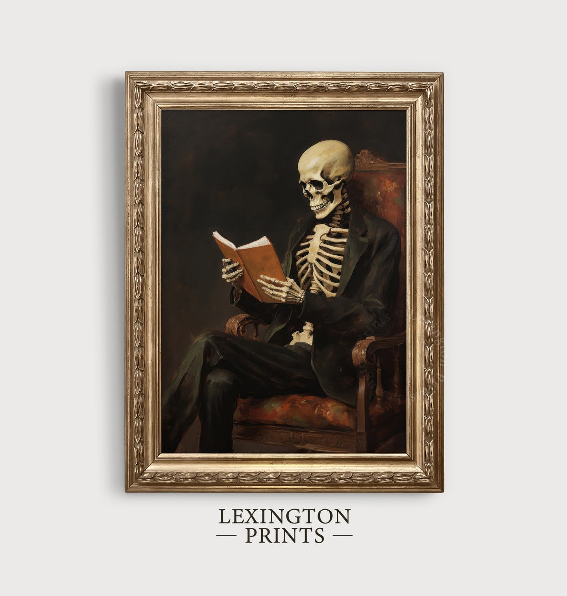 Skeleton Reading Book in Leather Armchair Moody Halloween Wall Art - Image 2
