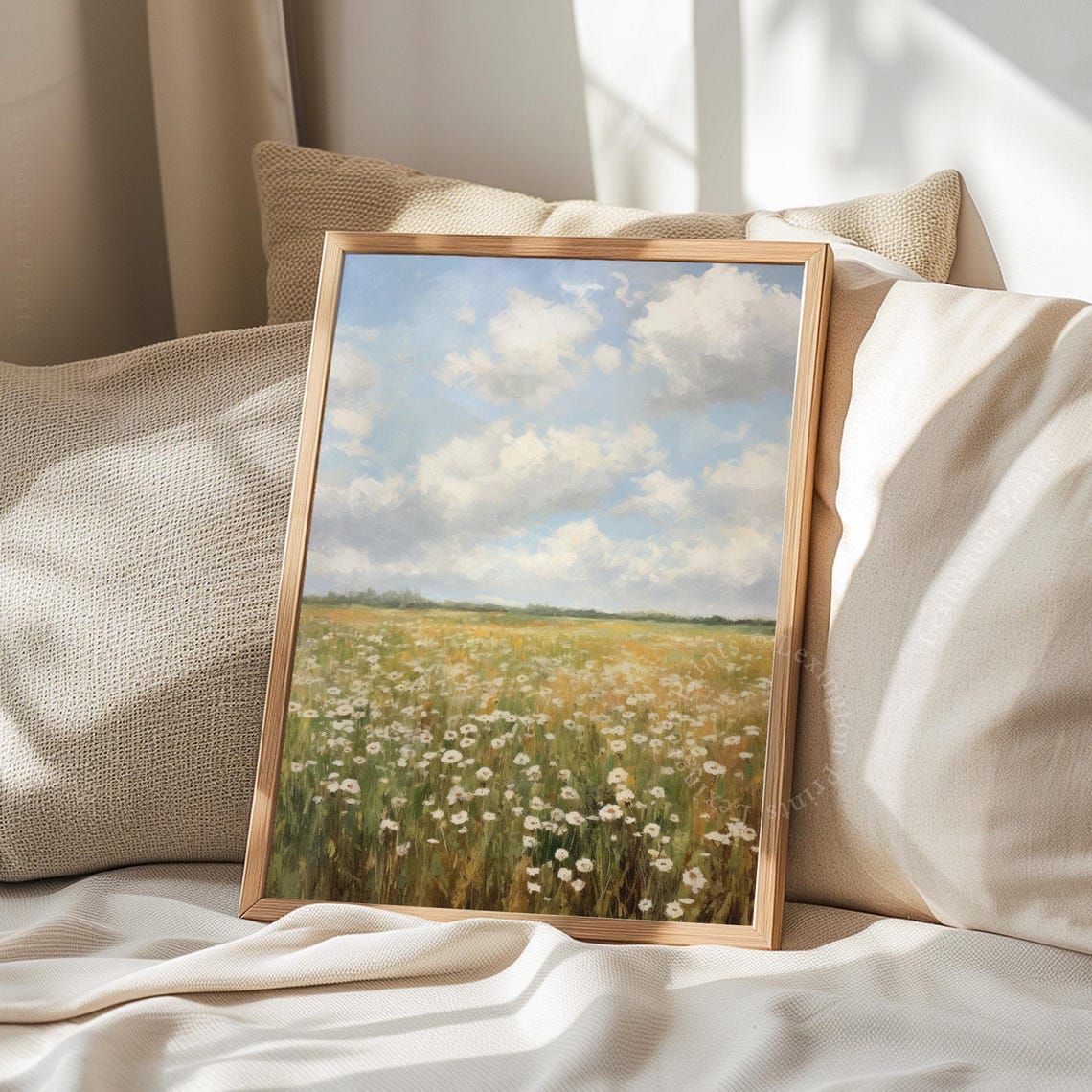 White Daisy Meadow Bright Blue Sky Clouds Cheerful Spring Field Poster - Image 8