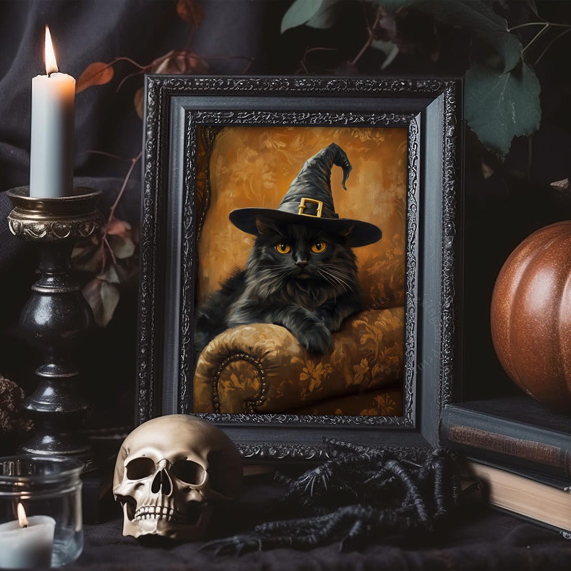 Black Cat Wearing Witch Hat on Velvet Chair Halloween Vintage Wall Art - Image 7