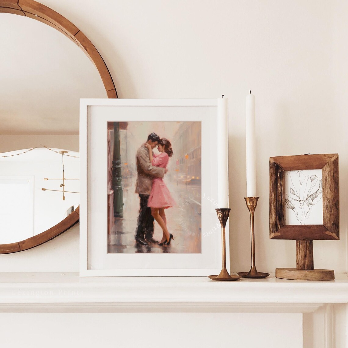 Romantic Couple Embracing in Rainy City Street Love Painting Print - Image 2