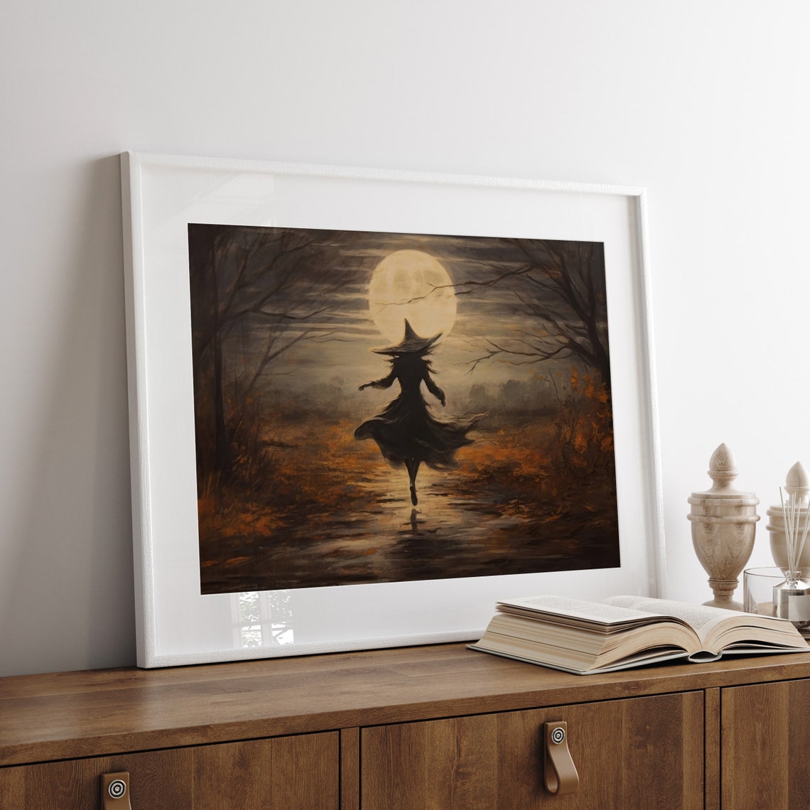 Witch Dancing Under Full Moon on Autumn Path Spooky Halloween Poster - Image 4