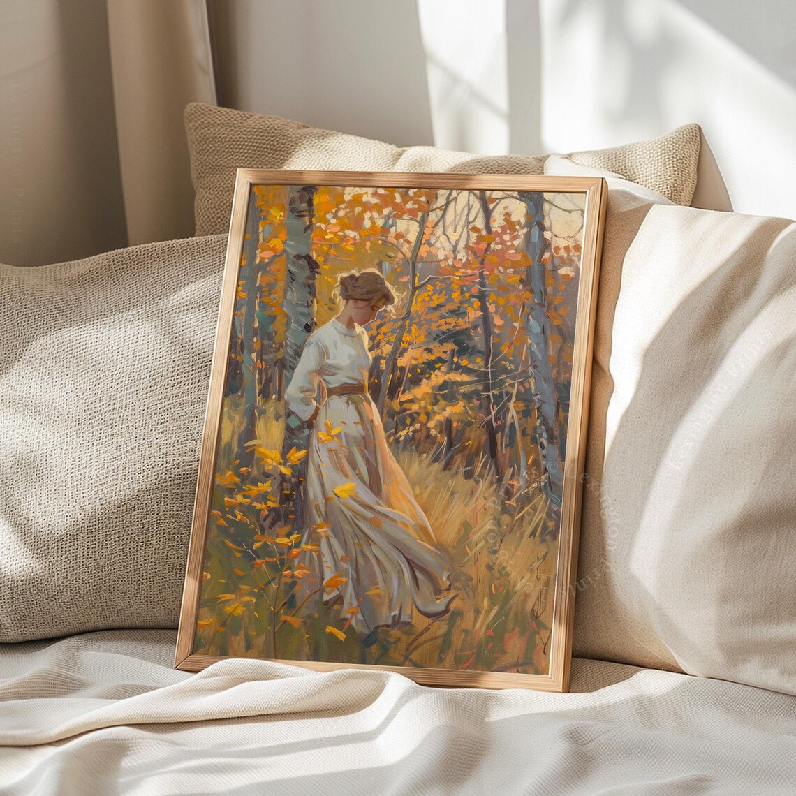 Woman Autumn Birch Forest Golden Vintage Moody Fall Painting Poster - Image 8