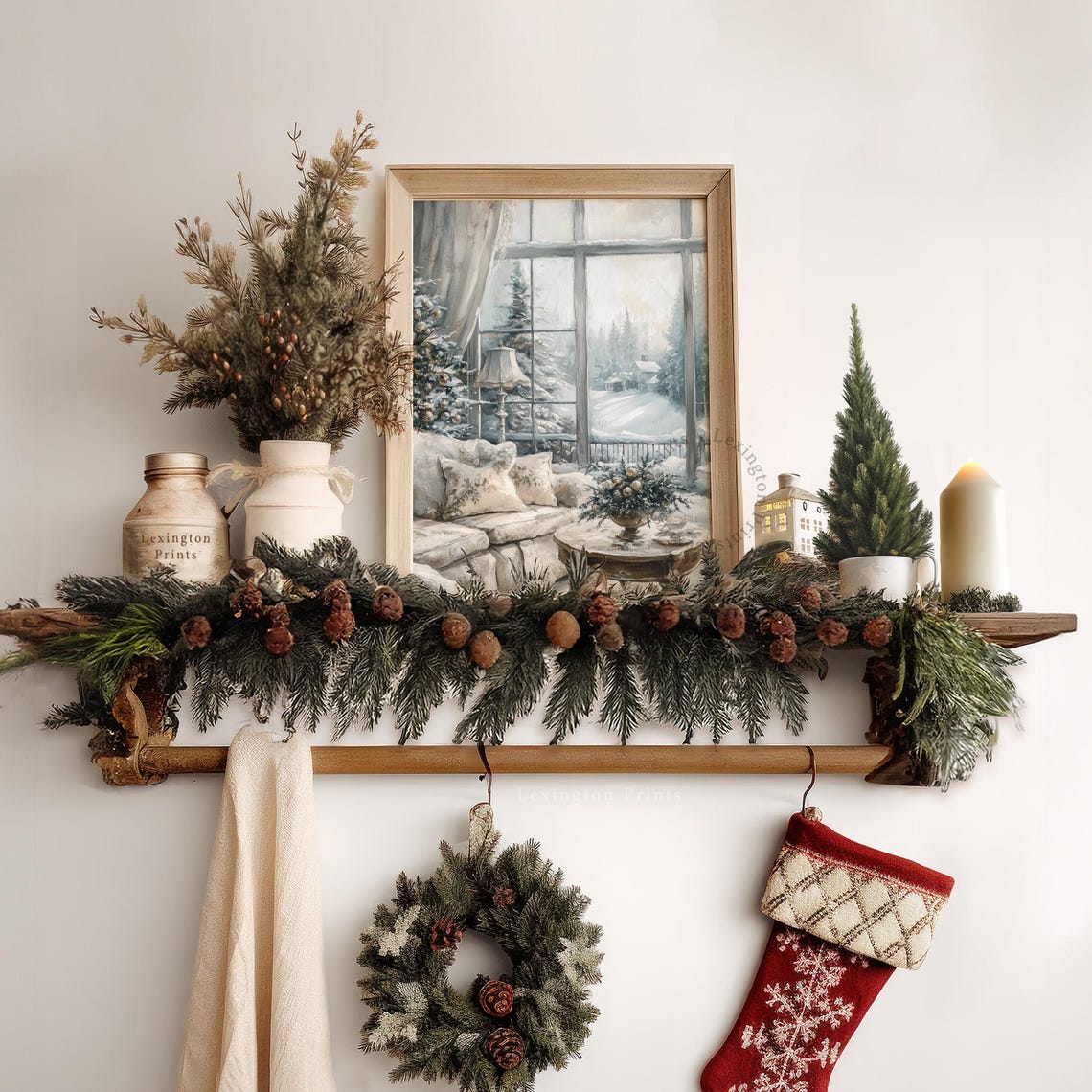 Cozy White Living Room Overlooking Snowy Pine Forest View Poster - Image 6