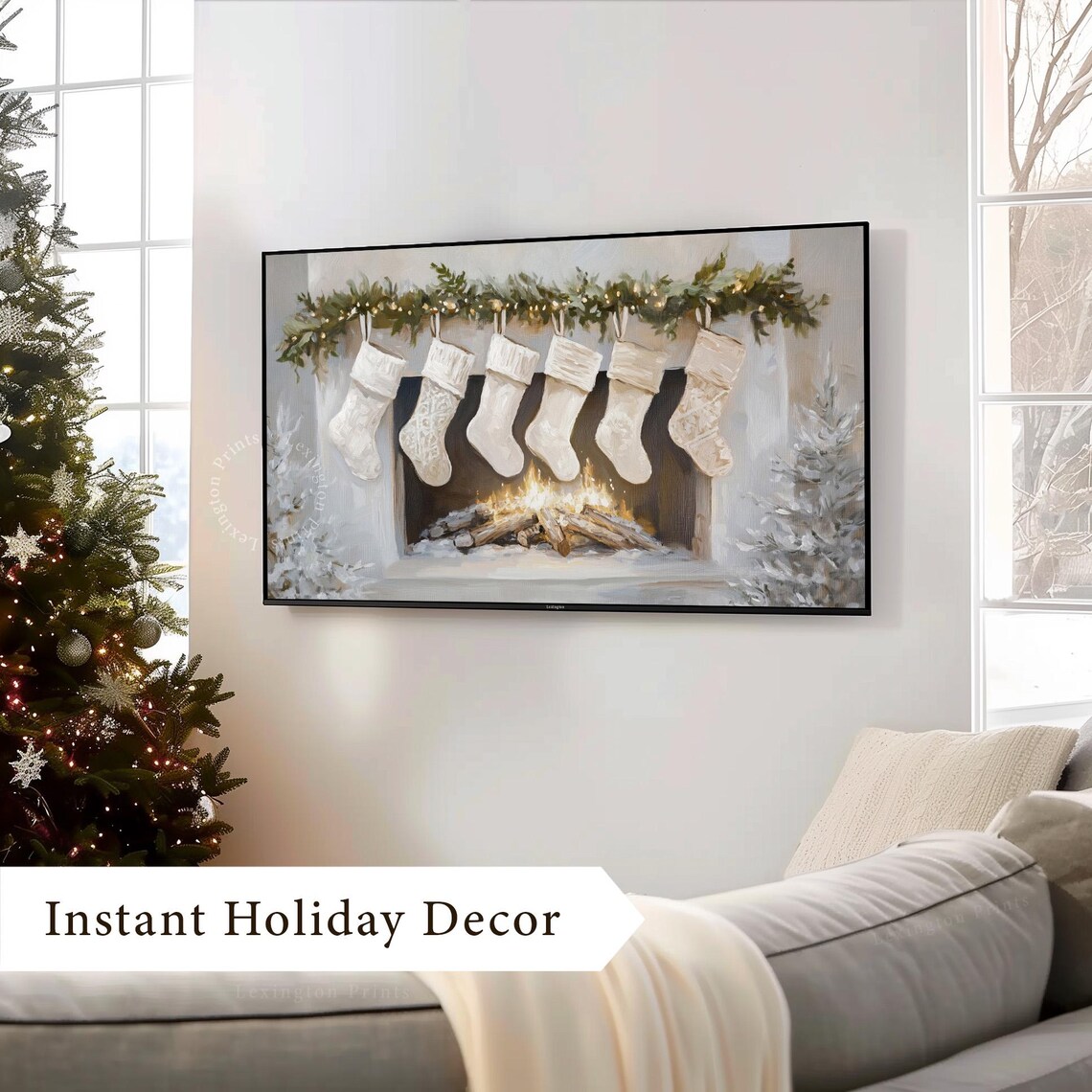 White Christmas Stockings Fireplace Mantel Neutral Holiday TV Poster - Image 4