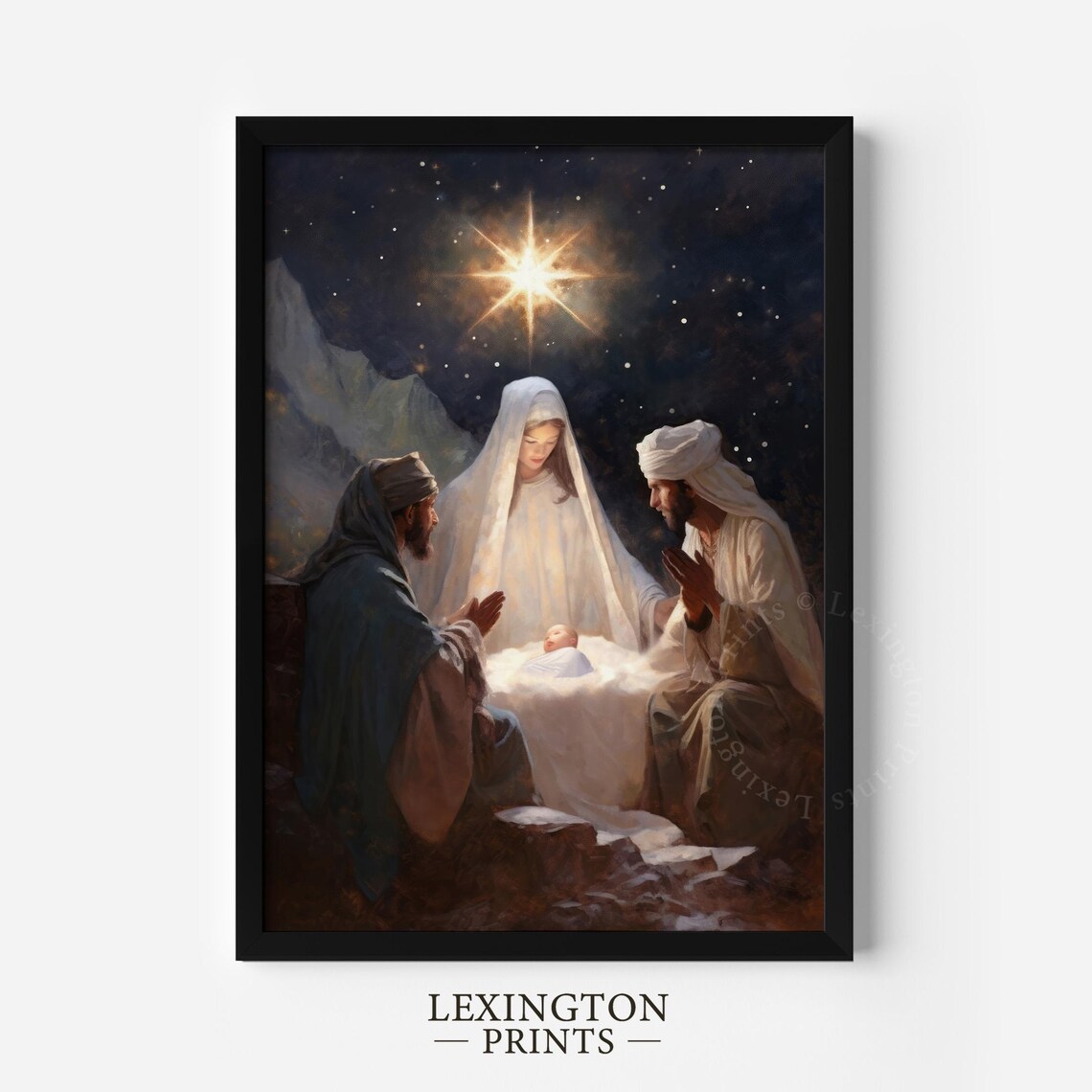 Nativity Scene Baby Jesus Starry Night Christmas Painting Poster - Image 3